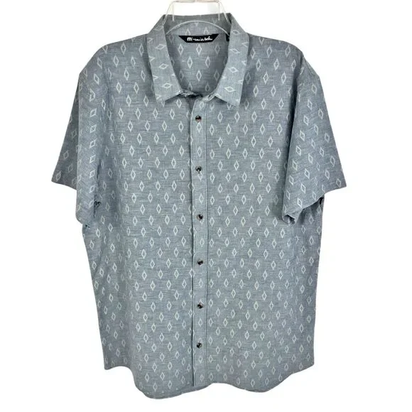 Travis Mathew Blue Gray Diamond Print Short Sleeve Button Down Shirt Men’s XL - Picture 1 of 8